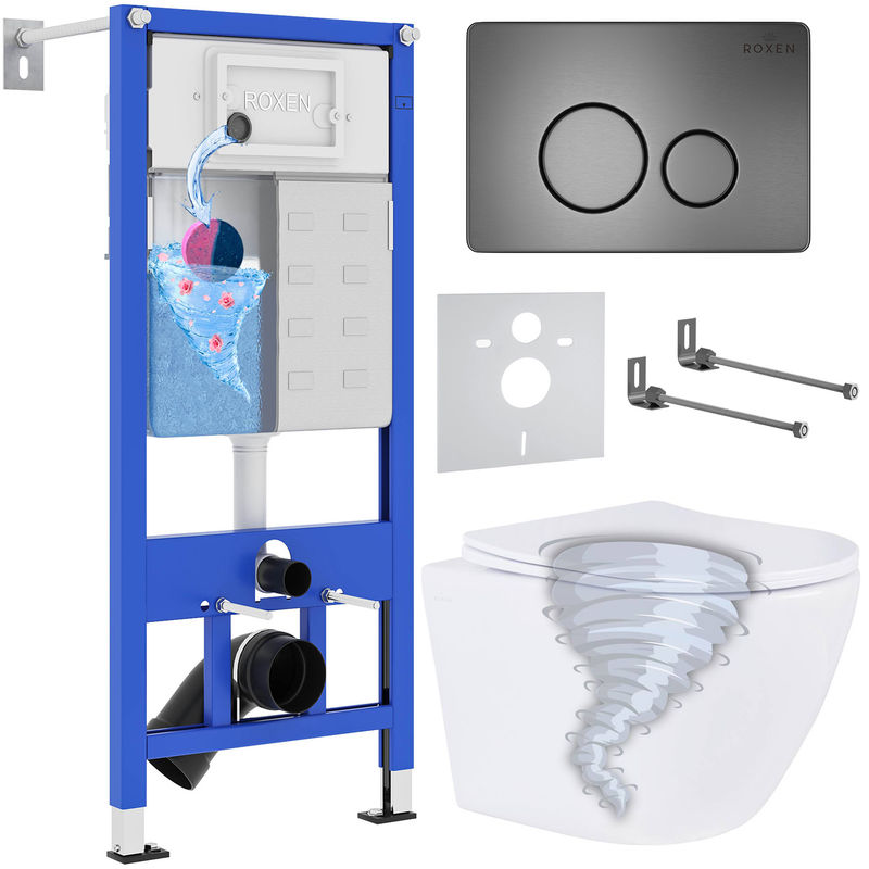 Унитаз подвесной с инсталляцией Roxen StounFix Dual Fresh 968390 6 в 1 (состоит из: 710200, Steel 420260G, Roxen Antares)
