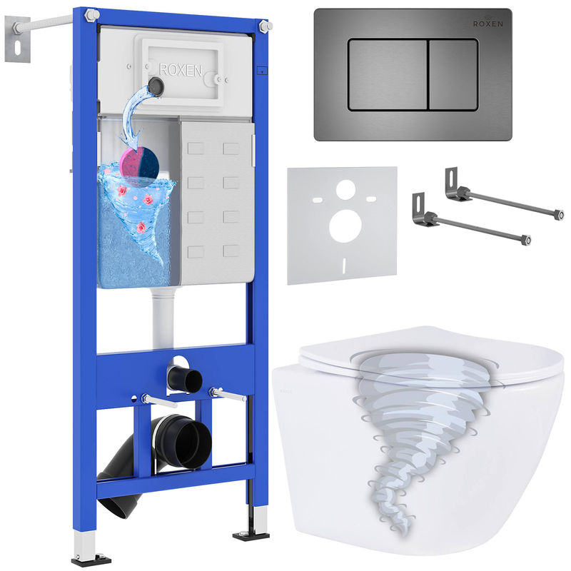 Унитаз подвесной с инсталляцией Roxen StounFix Dual Fresh 968391 6 в 1 (состоит из: 710200, Steel 420280G, Roxen Antares)