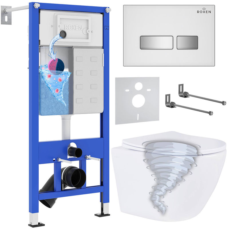 Унитаз подвесной с инсталляцией Roxen StounFix Dual Fresh 968395 6 в 1 (состоит из: 710200, Glass 430280W, Roxen Antares)