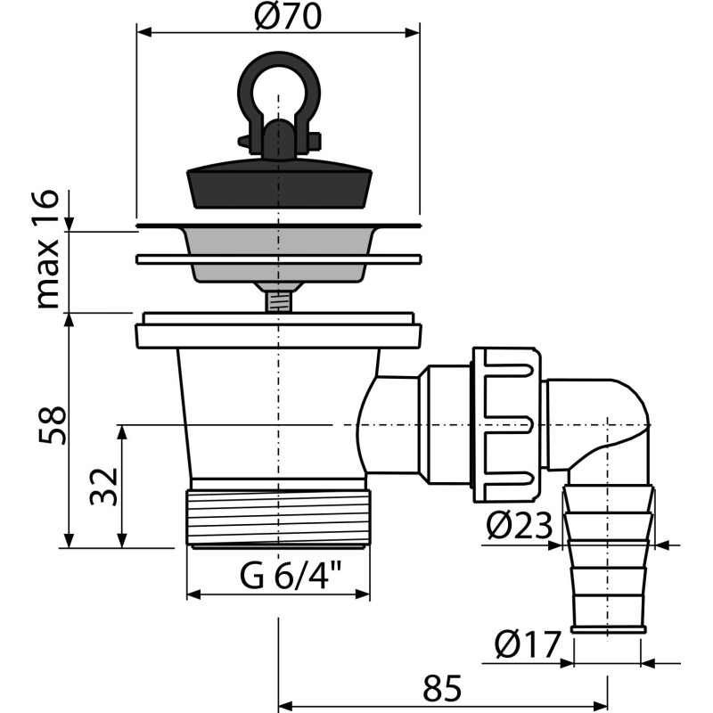 Донный клапан AlcaDrain (AlcaPlast) A33P для мойки 6/4" с нержавеющей peшeткой DN70 и штуцером