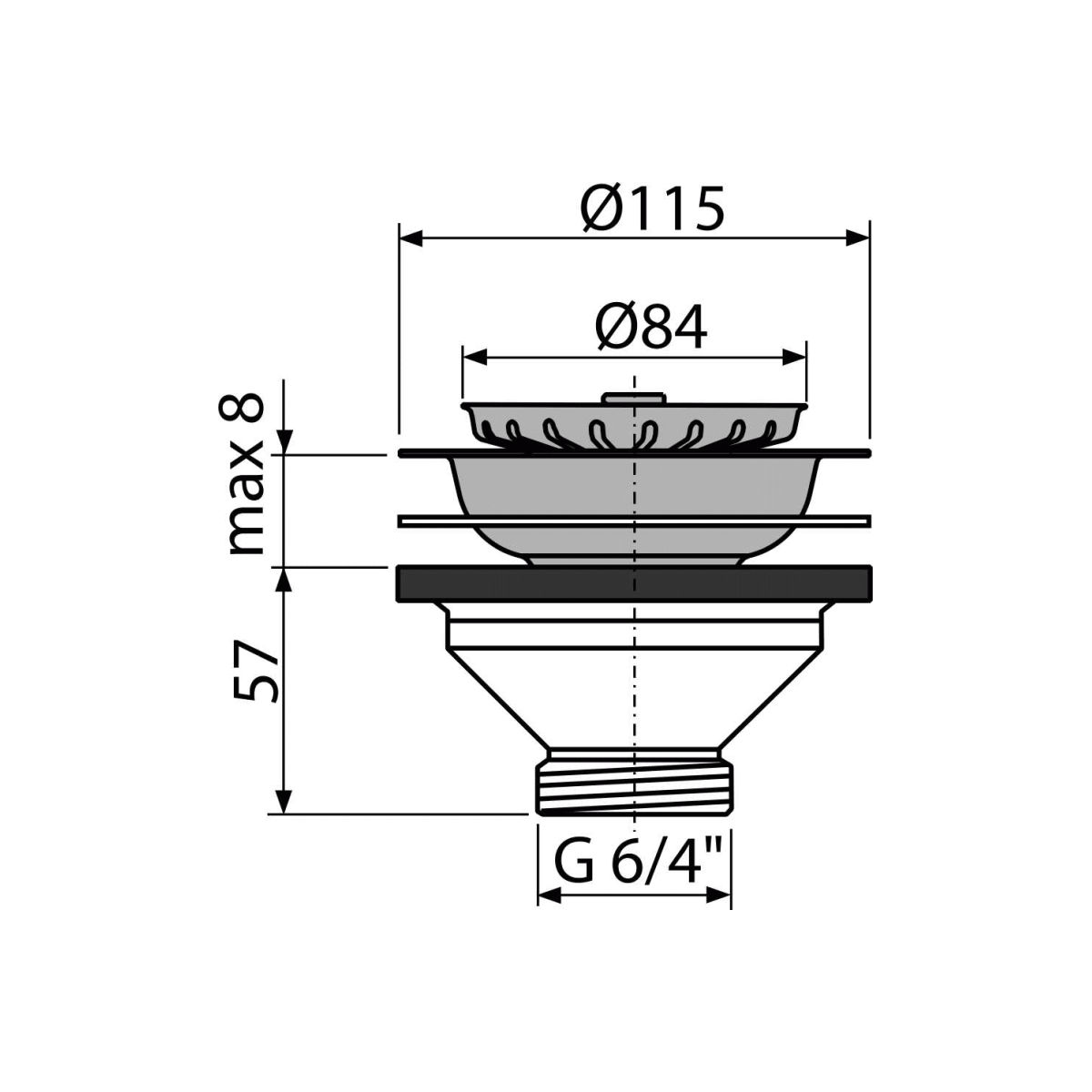 Донный клапан сифона для мойки 6/4" с нержавеющей peшeткой DN115 A37