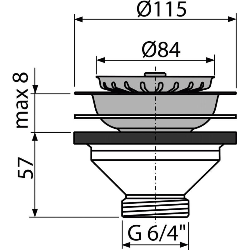 Донный клапан AlcaDrain (AlcaPlast)  A37 для мойки 6/4" с нержавеющей peшeткой DN115