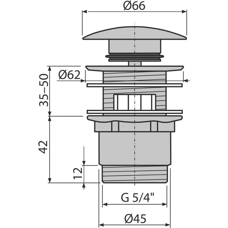 Донный клапан AlcaDrain (AlcaPlast) A390 для умывальника click-clack 5/4" цельнометаллический с переливом и большой заглушкой