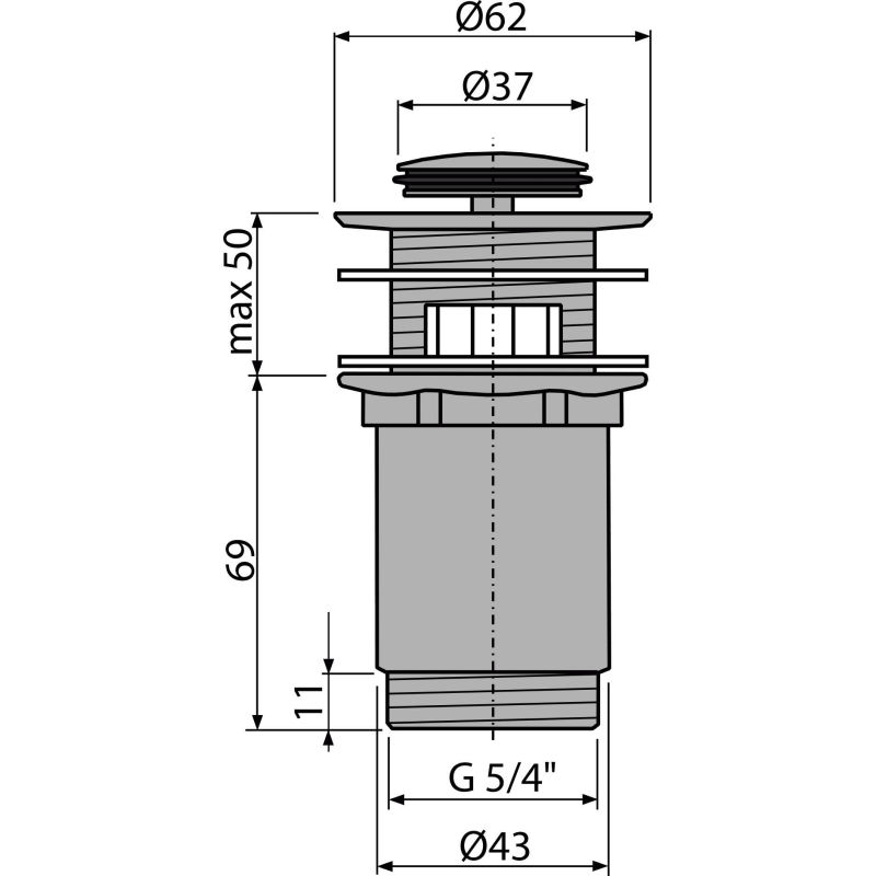 Донный клапан AlcaDrain (AlcaPlast) A391 для умывальника click-clack 5/4" цельнометаллический с переливом и малой заглушкой