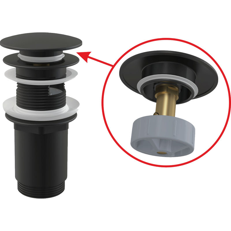 Донный клапан AlcaDrain (AlcaPlast) A392BLACK для умывальника click-clack 5/4" цельнометаллический с переливом и большой черной заглушкой