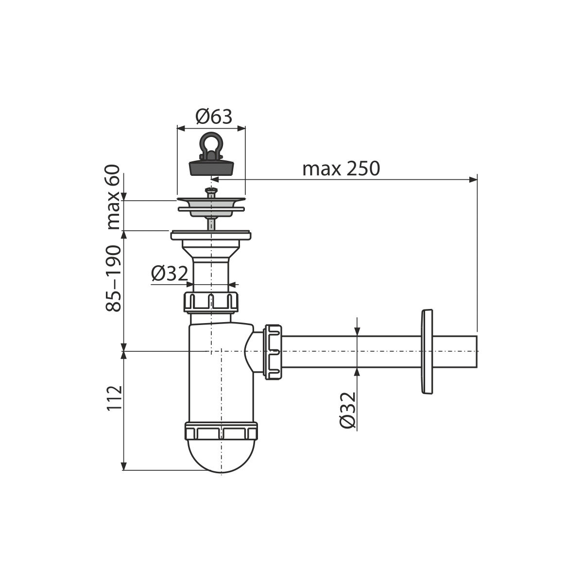 Сифон для умывальника DN32 с нержавеющей peшeткой DN63 A410