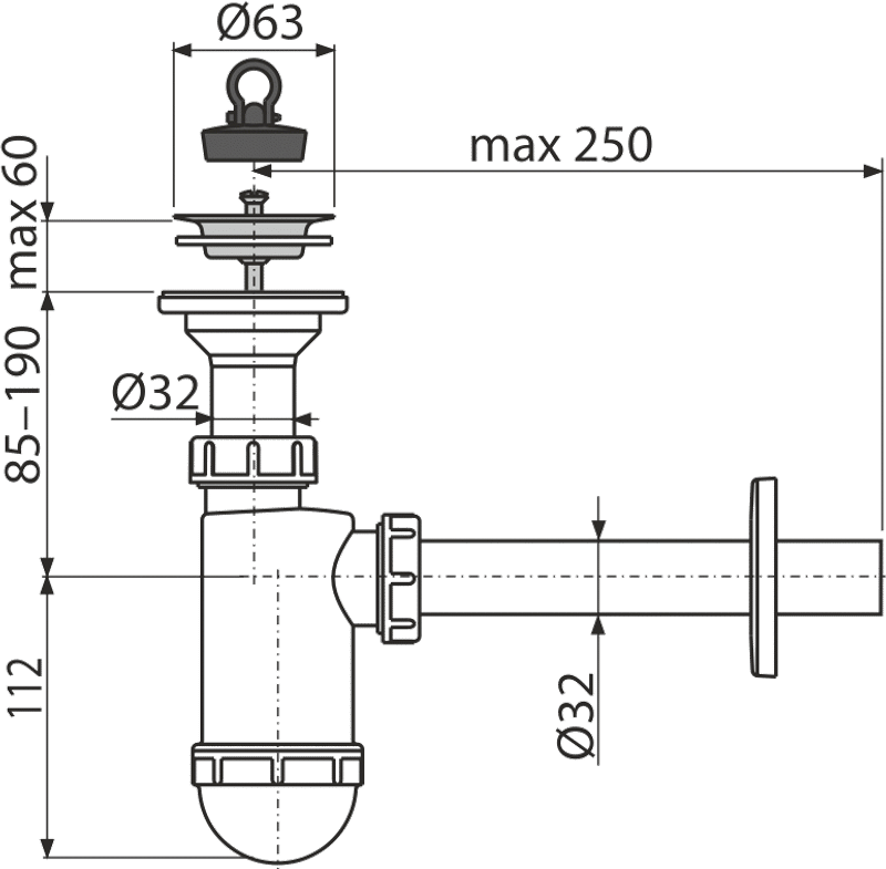 Сифон для умывальника DN32 с нержавеющей peшeткой DN63 A410