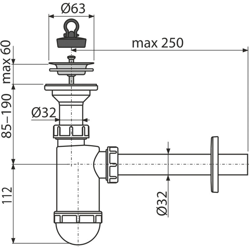 Сифон для раковины AlcaDrain (AlcaPlast) DN32 A410 с нержавеющей peшeткой DN63