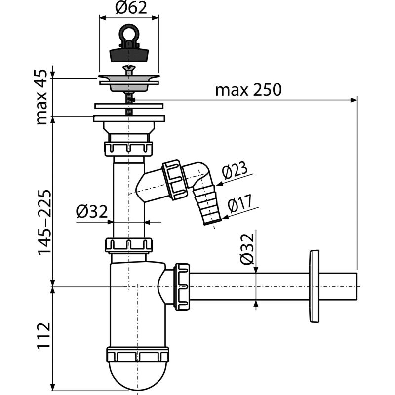 Сифон для раковины AlcaDrain (AlcaPlast) DN32 A410P со штуцером и нержавеющей peшeткой DN63