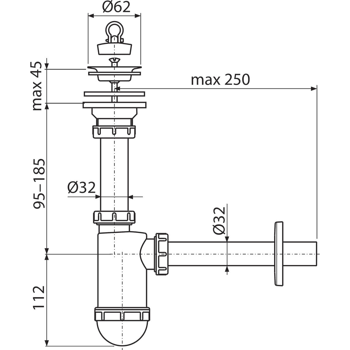 Сифон для умывальника DN32 с нержавеющей peшeткой DN63 A411