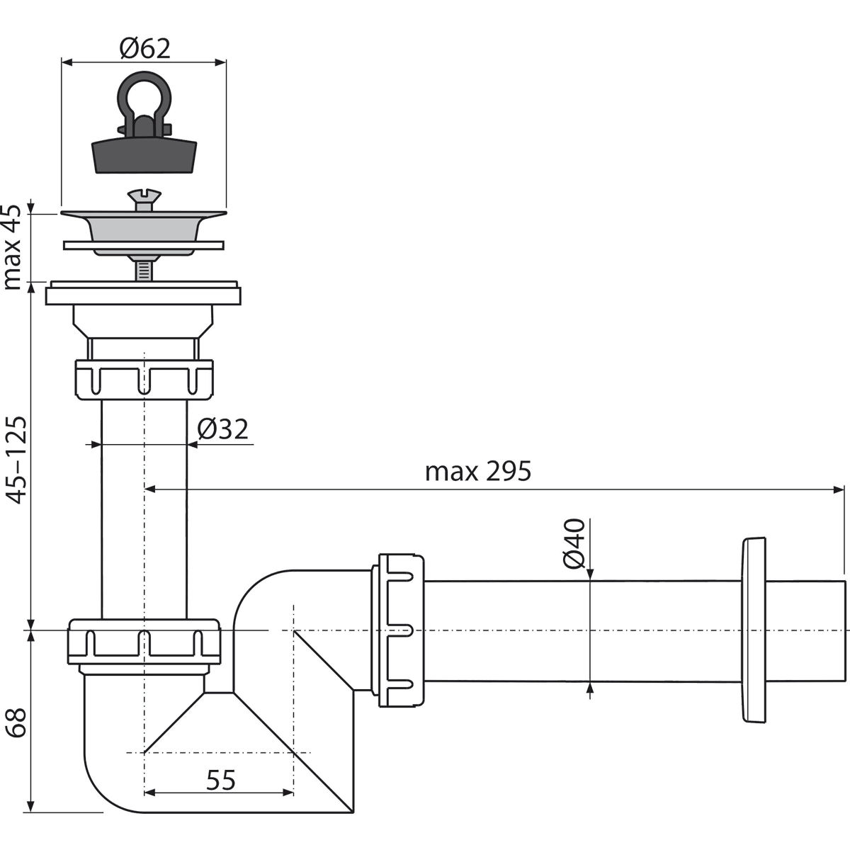 Сифон для умывальника S-образный DN40 с нержавеющей peшeткой DN63 A412-DN40