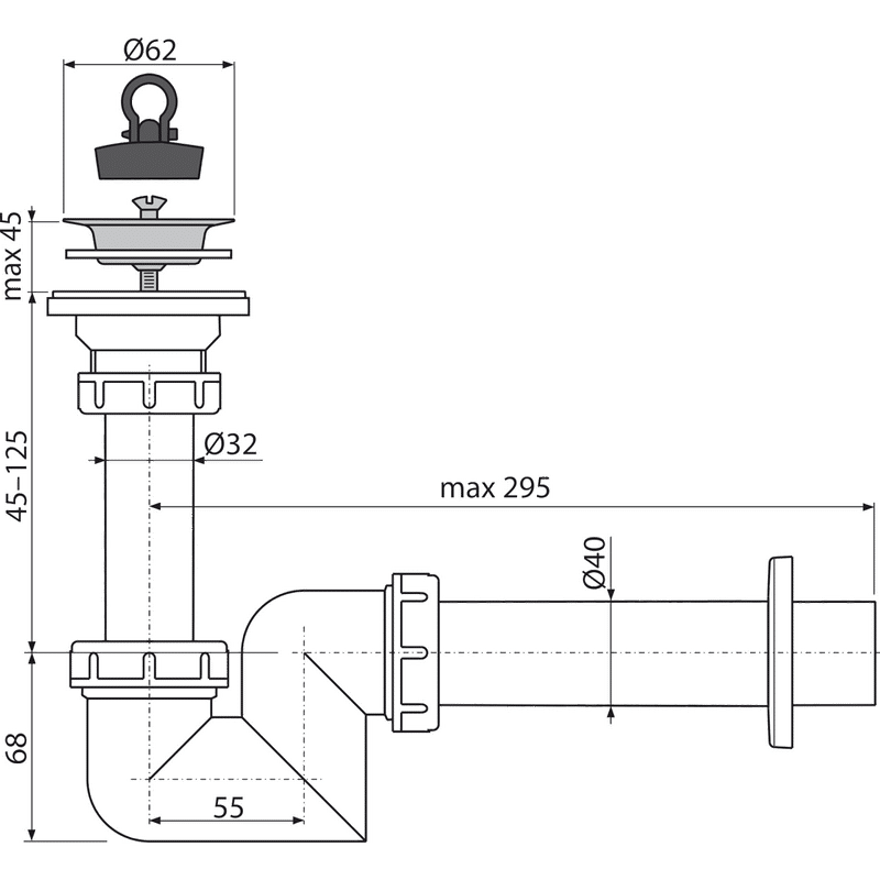 Сифон для умывальника S-образный DN40 с нержавеющей peшeткой DN63 A412-DN40