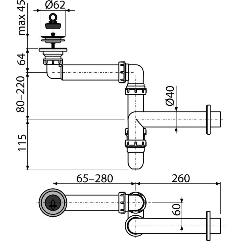 Сифон для раковины AlcaDrain (AlcaPlast) A413 экономящий пространство DN63