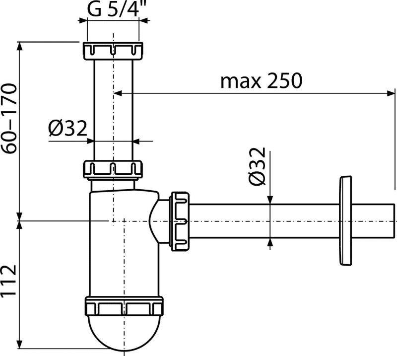 Сифон для умывальника DN32 c накидной гайкой 5/4" A430