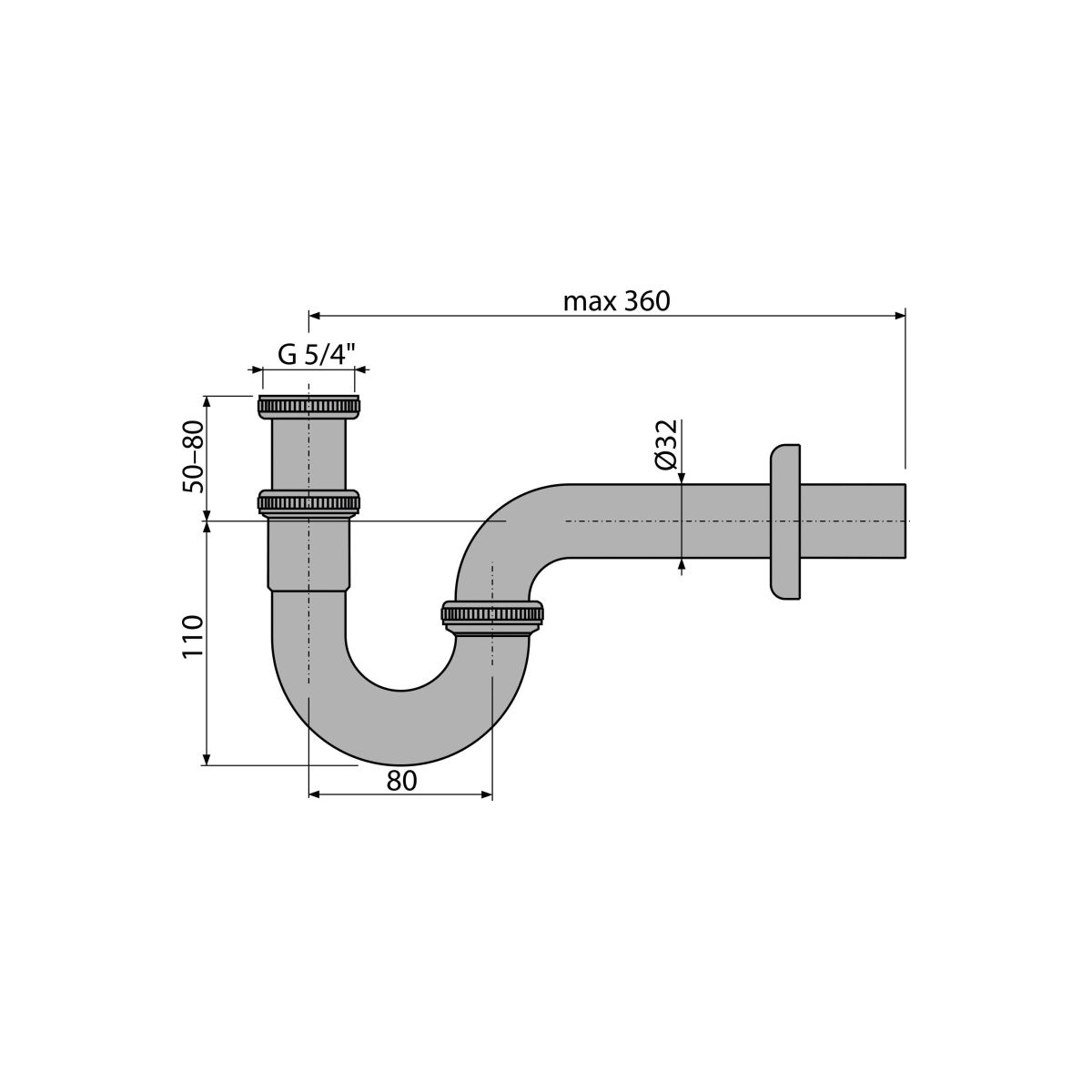 Сифон для умывальника DN32, U-форма с накидной гайкой 5/4", металл A432