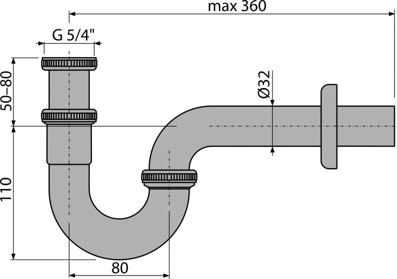 Сифон для умывальника DN32, U-форма с накидной гайкой 5/4", металл A432