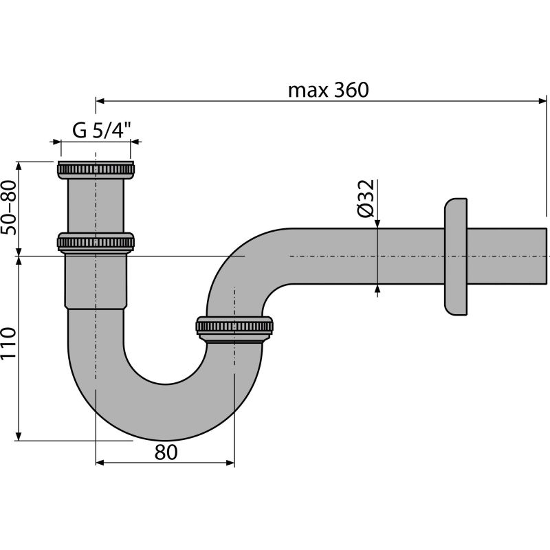 Сифон для раковины AlcaDrain (AlcaPlast) DN32 A432 U-форма с накидной гайкой 5/4" металл
