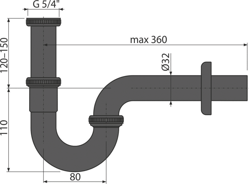 Сифон для умывальника DN32, U-форма с накидной гайкой 5/4", металл A4320BLACK