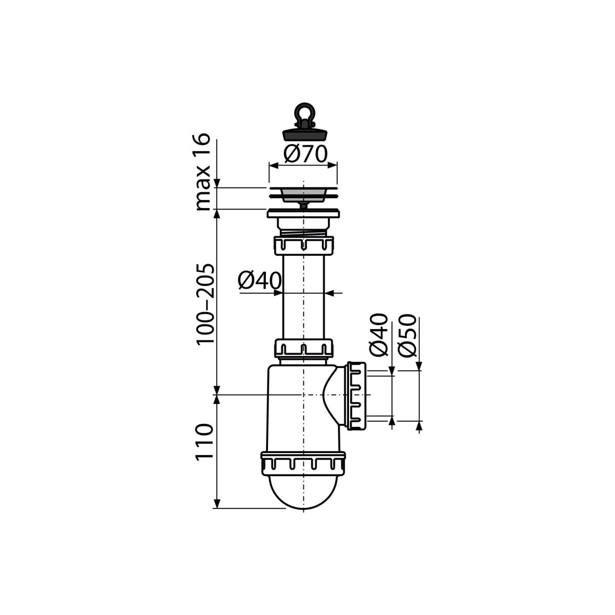 Cифон для мойки c нержавеющей peшeткой DN70 A441-DN50/40