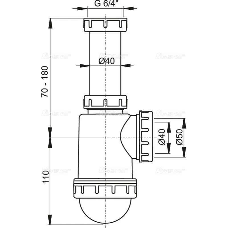 Сифон для мойки AlcaDrain (AlcaPlast) A443-DN50/40 с накидной гайкой 6/4"