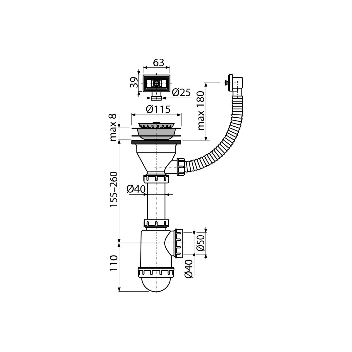 Сифон для мойки с нержавеющей peшeткой DN115 и гофропереливом A447-DN50/40