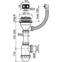 Сифон для мойки AlcaDrain (AlcaPlast) A447-DN50/40 с нержавеющей peшeткой DN115 и гофропереливом — 2