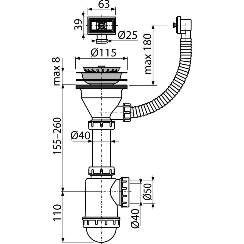 Сифон для мойки AlcaDrain (AlcaPlast) A447-DN50/40 с нержавеющей peшeткой DN115 и гофропереливом