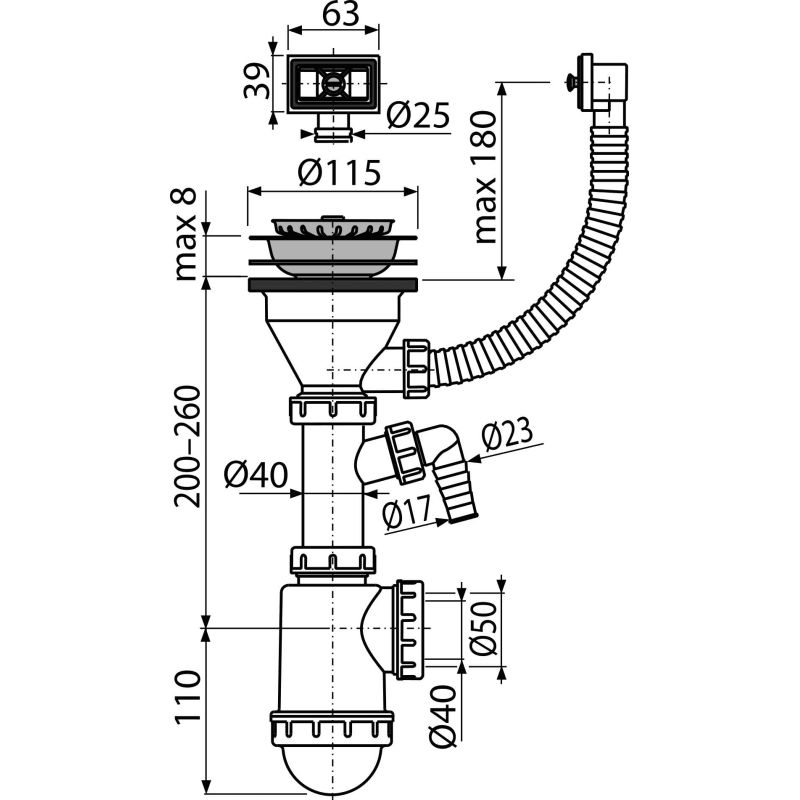 Сифон для мойки AlcaDrain (AlcaPlast) A447P-DN50/40 с нержавеющей peшeткой DN115, гофропереливом и штуцером