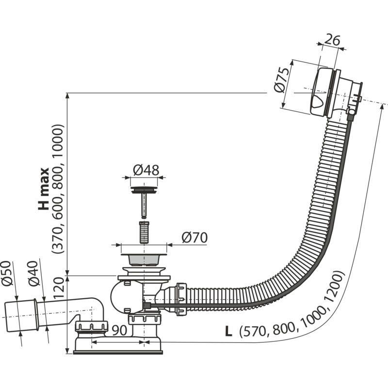 Сифон для ванны AlcaDrain (AlcaPlast) A51B автомат комплект (белый)