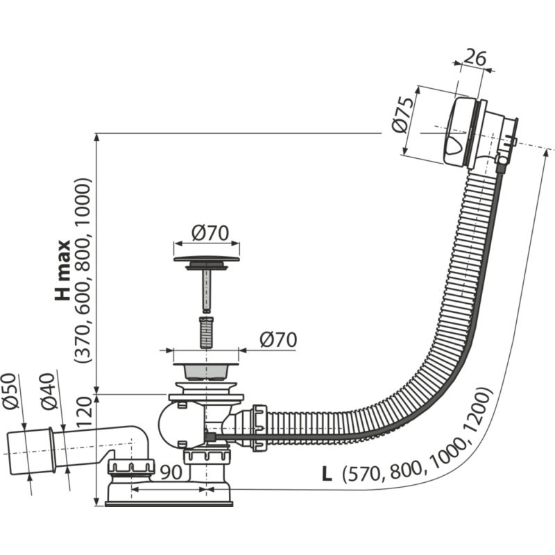 Сифон для ванны AlcaDrain (AlcaPlast) A51BM-80 автомат комплект (белый)