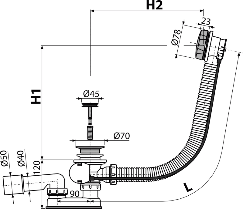 Сифон для ванны автомат комплект, черный-мат A55BLACK-80