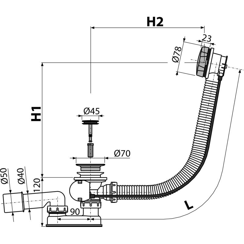 Сифон для ванны AlcaDrain (AlcaPlast) A55K-100 автомат комплект (металл)
