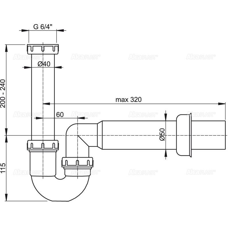 Сифон для раковины AlcaDrain (AlcaPlast) A80-DN50 с накидной гайкой 6/4"