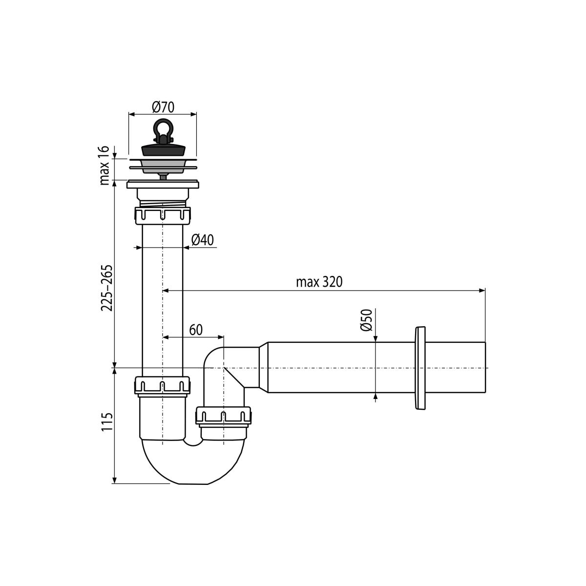 Сифон трубчатый с нержавеющей peшeткой DN70 A800-DN50