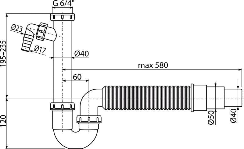 Сифон трубчатый с накидной гайкой 6/4" со штуцером и гофрой A83-DN50/40