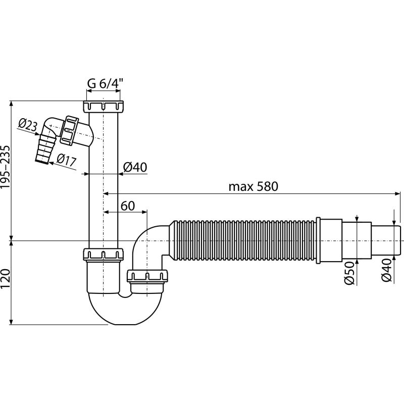 Сифон для раковины AlcaDrain (AlcaPlast) A83-DN50/40 с накидной гайкой 6/4" со штуцером и гофрой