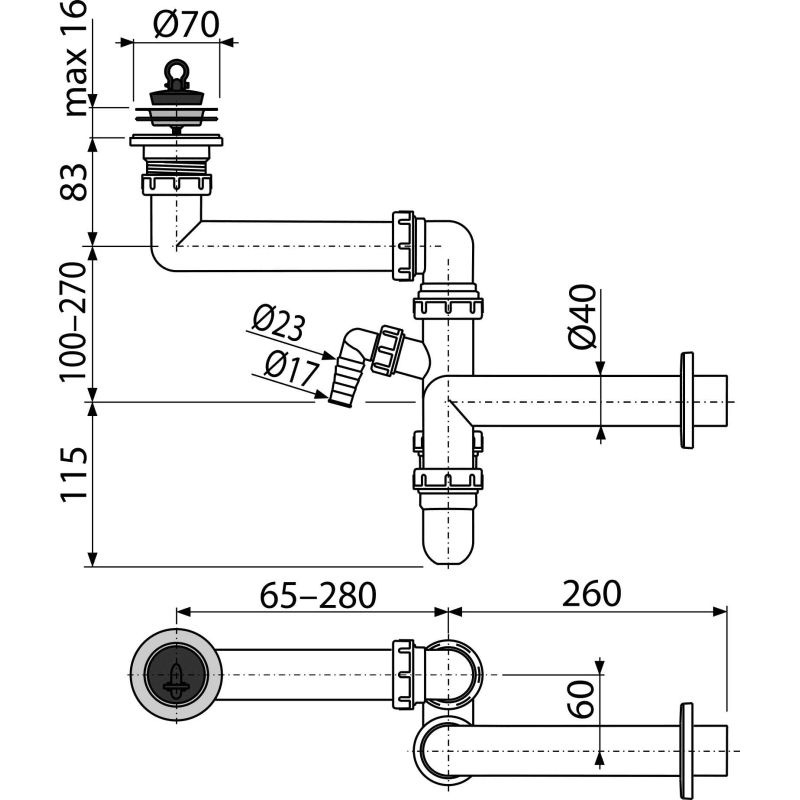 Сифон для мойки AlcaDrain (AlcaPlast) A870P-DN40 экономящий пространство со штуцером