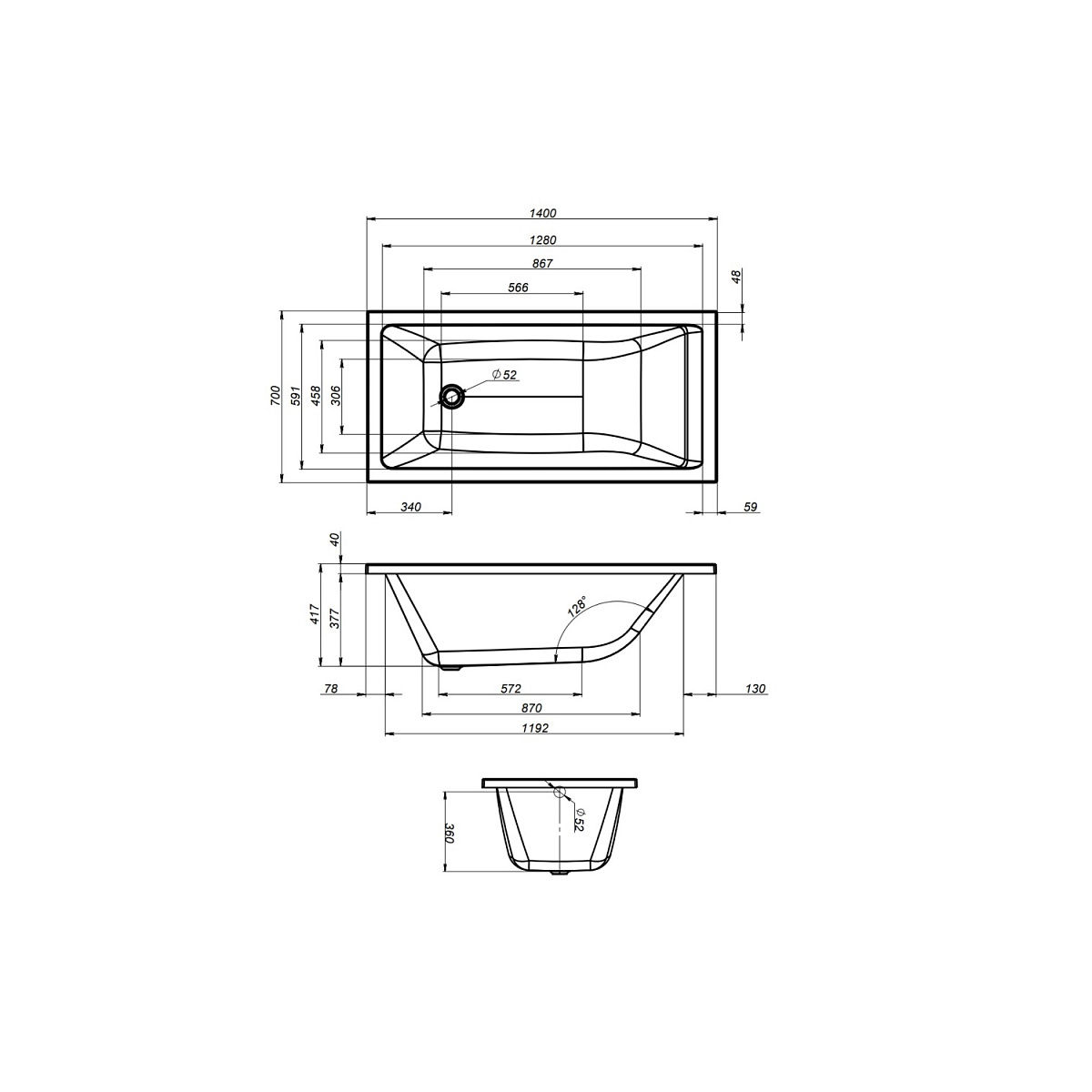 W93A-140-070W-A Gem Ванна акриловая 140х70 см