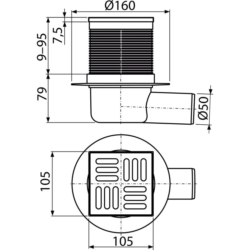 Душевой трап AlcaDrain (AlcaPlast) APV1 105×105/50 мм боковой сток решетка из нержавеющей стали гидрозатвор мокрый