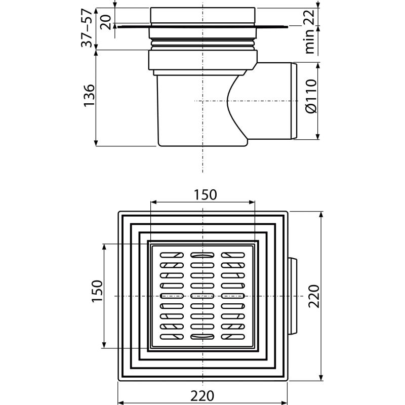 Душевой трап AlcaDrain (AlcaPlast) APV12 150×150/110 мм боковой сток решетка из нержавеющей стали воротник изоляции 2–го уровня гидрозатвор мокрый