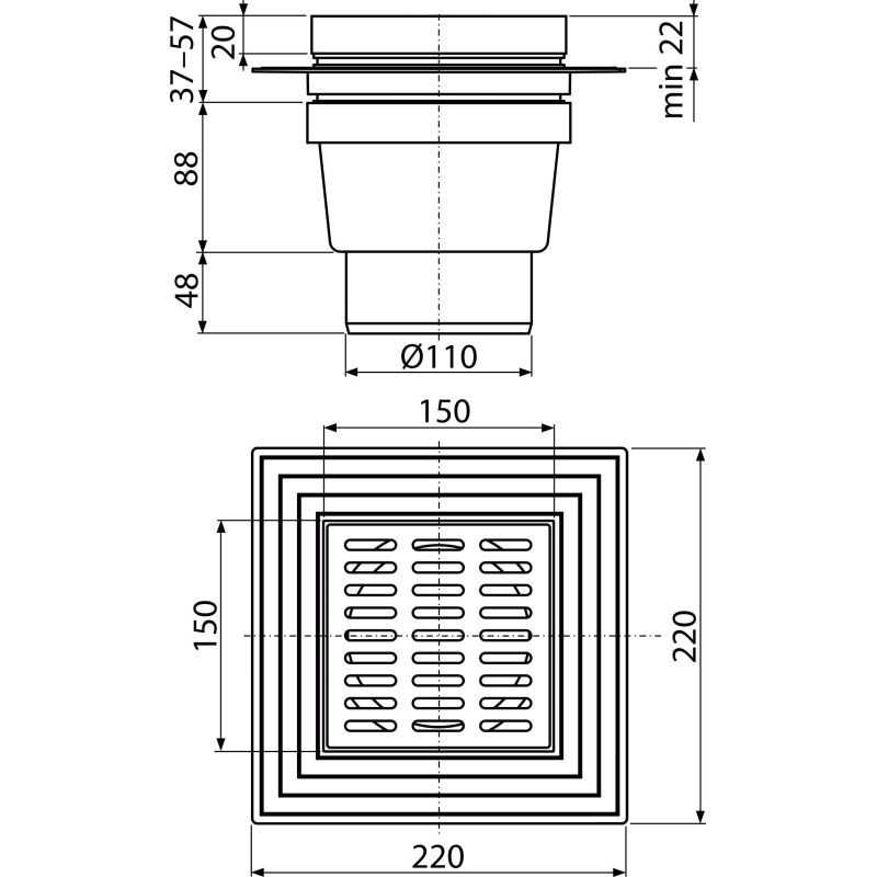 Душевой трап AlcaDrain (AlcaPlast) APV13 150×150/110 мм прямой сток решетка из нержавеющей стали воротник изоляции 2–го уровня гидрозатвор мокрый