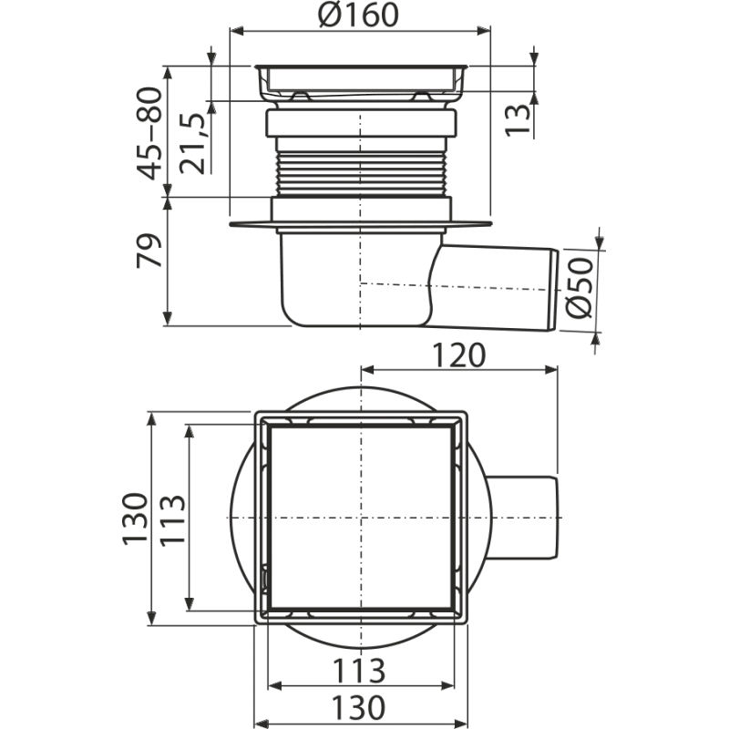 Душевой трап AlcaDrain (AlcaPlast) APV140 из нержавеющей стали 130×130 мм боковой сток с двусторонней решеткой