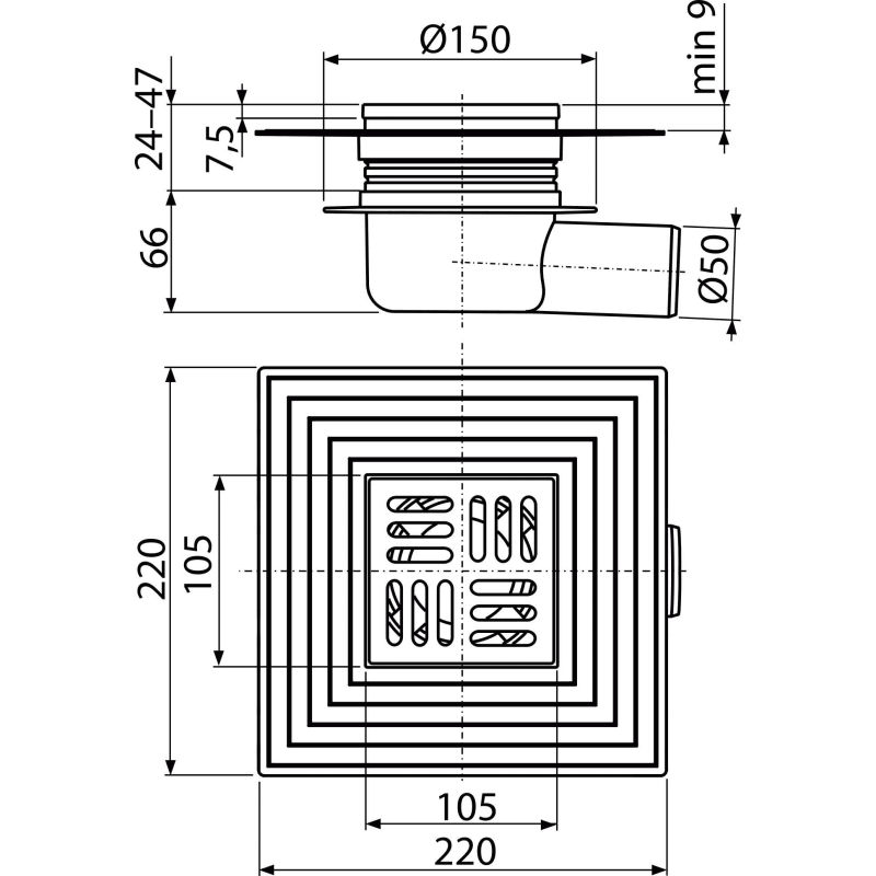Душевой трап AlcaDrain (AlcaPlast) APV26C 105×105/50 мм боковой сток решетка из нержавеющей стали воротник изоляции 2–го уровня гидрозатвор сухой