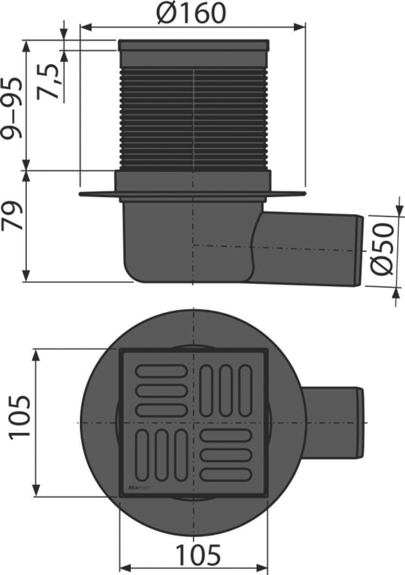 Сливной трап 105×105/50 мм боковой сток, решетка из нержавеющей стали, черный-мат, гидрозатвор комбинированный SMART APV31BLACK