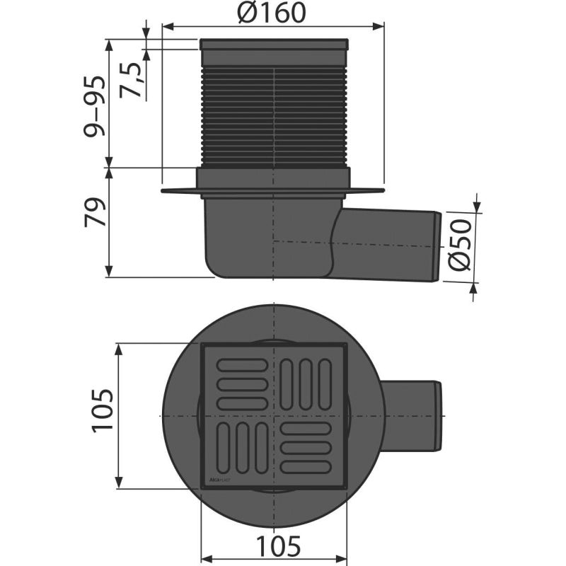 Душевой трап AlcaDrain (AlcaPlast) Smart APV31BLACK 105×105/50 мм боковой сток решетка из нержавеющей стали черный-мат гидрозатвор комбинированный