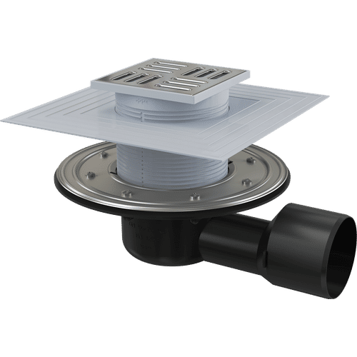 Душевой трап AlcaDrain (AlcaPlast) APV3344 105×105/50/75 мм боковой сток решетка из нержавеющей стали фланец из нержавеющей стали воротник изоляции 2–го уровня гидрозатвор сухой и мокрый
