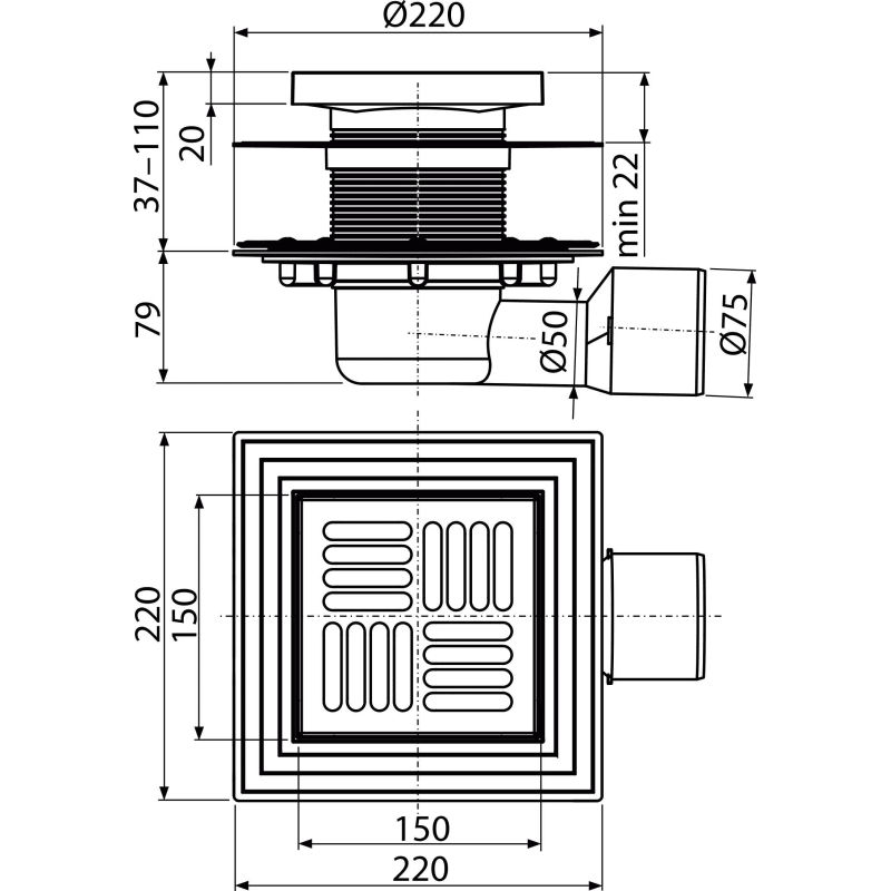Душевой трап AlcaDrain (AlcaPlast) APV3444 150×150/50/75 мм боковой сток решетка из нержавеющей стали фланец из нержавеющей стали воротник изоляции 2–го уровня гидрозатвор сухой и мокрый
