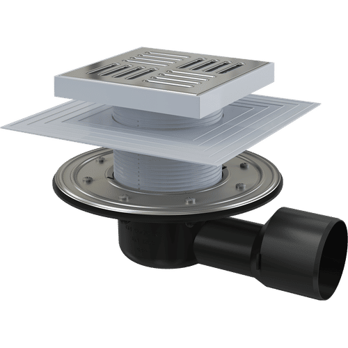 Душевой трап AlcaDrain (AlcaPlast) APV3444 150×150/50/75 мм боковой сток решетка из нержавеющей стали фланец из нержавеющей стали воротник изоляции 2–го уровня гидрозатвор сухой и мокрый