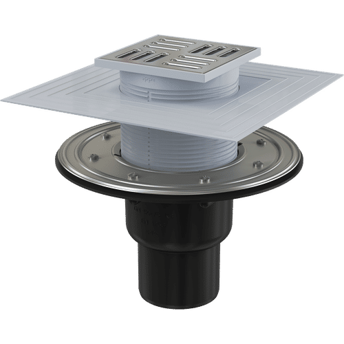 Душевой трап AlcaDrain (AlcaPlast) APV4344 105×105/50/75 мм прямой сток решетка из нержавеющей стали фланец из нержавеющей стали воротник изоляции 2–го уровня гидрозатвор сухой и мокрый