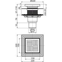 Душевой трап AlcaDrain (AlcaPlast) APV4444 150×150/50/75 мм прямой сток решетка из нержавеющей стали фланец из нержавеющей стали воротник изоляции 2–го уровня гидрозатвор сухой и мокрый — 2